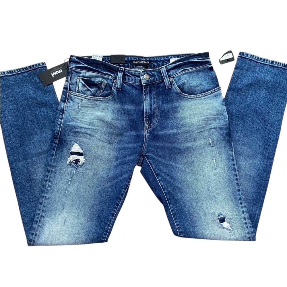Mavi Jake mens blue jeans 32/34 slim leg distressed ripped denim